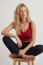 Kadın Kırmızı Fitilli V Yaka Düğme Detaylı Esnek Crop Top / Büstiyer - Görsel 3