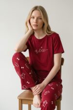 Kadın Mavi Yazı Baskılı Bisiklet Yaka Kısa Kollu Pijama Takımı - Görsel 4