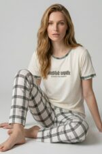 Kadın Mavi Yazı Baskılı Bisiklet Yaka Kısa Kollu Pijama Takımı - Görsel 7