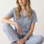 Kadın Mavi Kareli Düğmeli Yaka Kısa Kollu Pijama Takımı