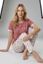 Kadın Mavi Yazı Baskılı Bisiklet Yaka Kısa Kollu Pijama Takımı - Görsel 13