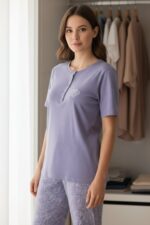Kadın Kısa Kollu Likralı Düğmeli Yaka Pijama Takımı Bej - Görsel 5
