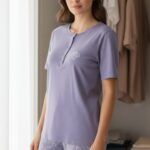 Kadın Kısa Kollu Likralı Düğmeli Yaka Pijama Takımı Lila