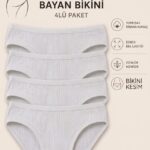 Kadın BEYAZ Pamuklu Ribana Bikini Külot 4'lü Paket Esnek Bel Slip İç Çamaşırı Seti