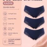 Kadın 3'lü Paket Lacivert Dantelli Slip Külot - Esnek ve Yumuşak Doku Günlük İç Çamaşırı