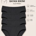 Kadın SİYAH Pamuklu Ribana Bikini Külot 4'lü Paket Esnek Bel Slip İç Çamaşırı Seti