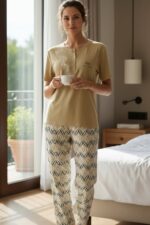 Kadın Kısa Kollu Likralı Düğmeli Yaka Pijama Takımı Bej