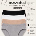 Kadın Ribana Pamuklu Bikini Külot 12'li Paket Asorti Siyah Beyaz Ten Gri Renkli İç Giyim Seti
